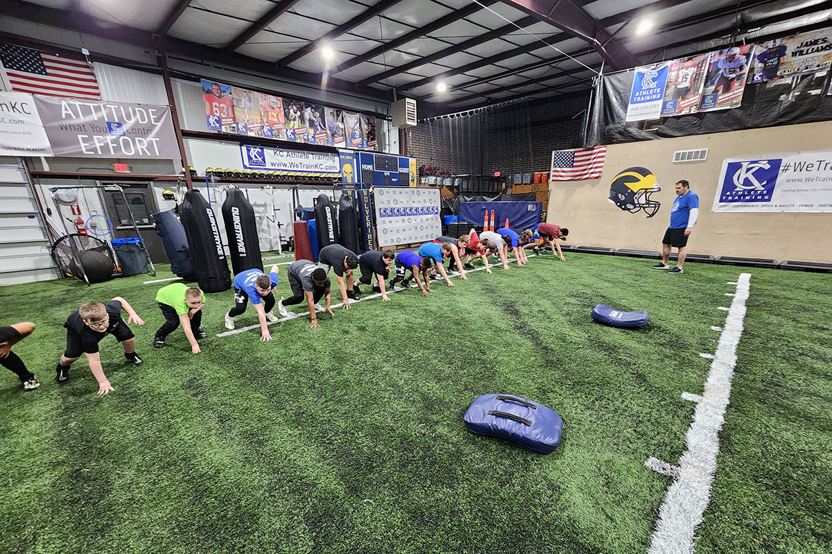 Defensive Line Football Training at Kansas City Athlete Training for both youth and high school athletes with group classes and private training along with camps and speed and agility classes for all sports and athletics in Kansas City Missouri